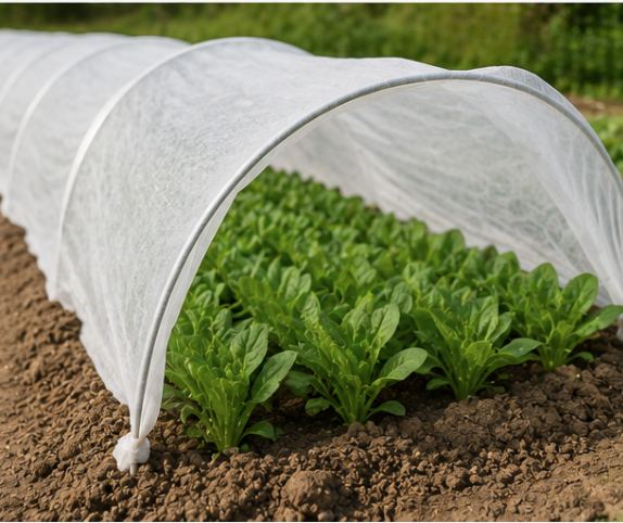 Crop cover tunnel over a bed of lettuce