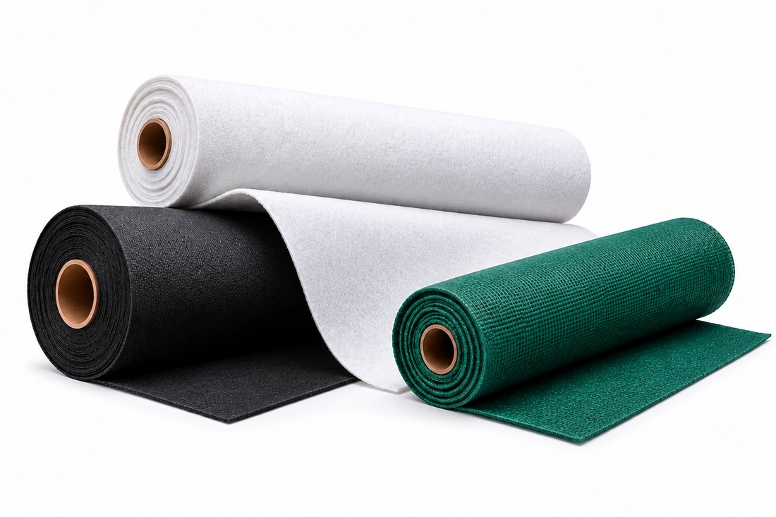 Rolls of white non-woven, black woven and green knitted technical textile