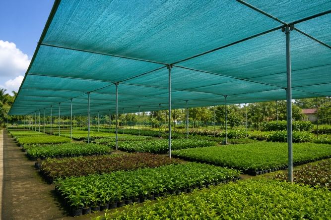 Shade net structure over a plant nursery