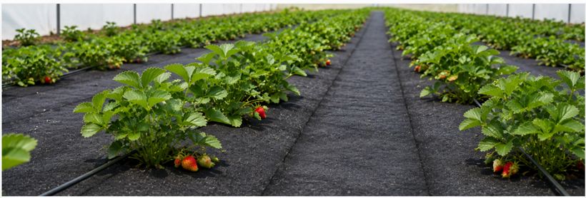 Weed fabric laid between strawberry rows